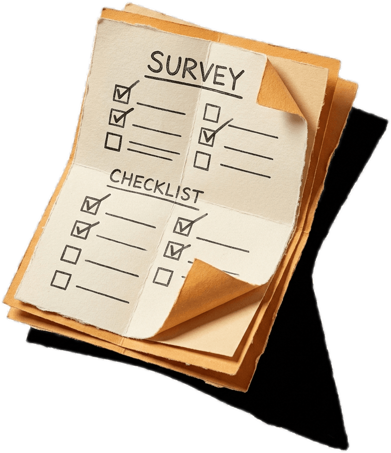 A stack of textured survey and checklist paper sheets